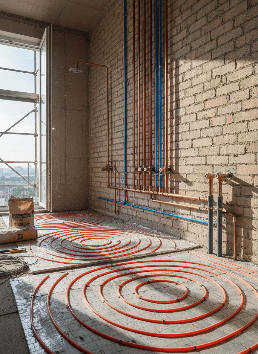 A bathroom under renovation with partially exposed thermohydraulic system: newly installed copper and multilayer pipes run neatly along a brick wall, leading to locations for a future shower, sink, and radiator. The unfinished floor shows embedded radiant heating tubes arranged in regular loops within insulation panels. Natural light filters through an open window, illuminating dust particles in the air and casting soft shadows across the construction area. Photographic realism with a wide-angle, eye-level composition that captures both close technical details and the broader space. The atmosphere is one of progress, planning, and professional installation quality, showcasing the behind-the-scenes precision of plumbing and heating work.