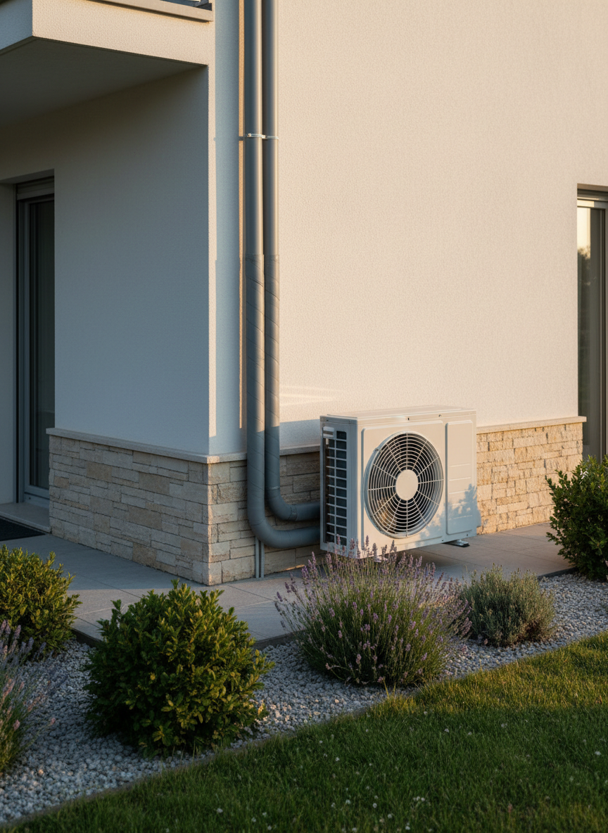 An outdoor heat pump unit installed beside a contemporary Italian house in Cisterna di Latina, with the white, rectangular machine featuring a large circular fan grille and clearly visible insulated hydraulic and refrigerant pipes running neatly along the wall. The house façade is light-colored plaster with a stone base, and a small, well-kept garden surrounds the installation. Late afternoon natural light casts warm, realistic tones and gentle shadows, highlighting the equipment’s clean lines. Photographic realism from a slightly elevated angle, with the unit framed to the right using the rule of thirds. The mood is efficient, eco-friendly, and modern, demonstrating advanced heating solutions integrated into a real residential context.