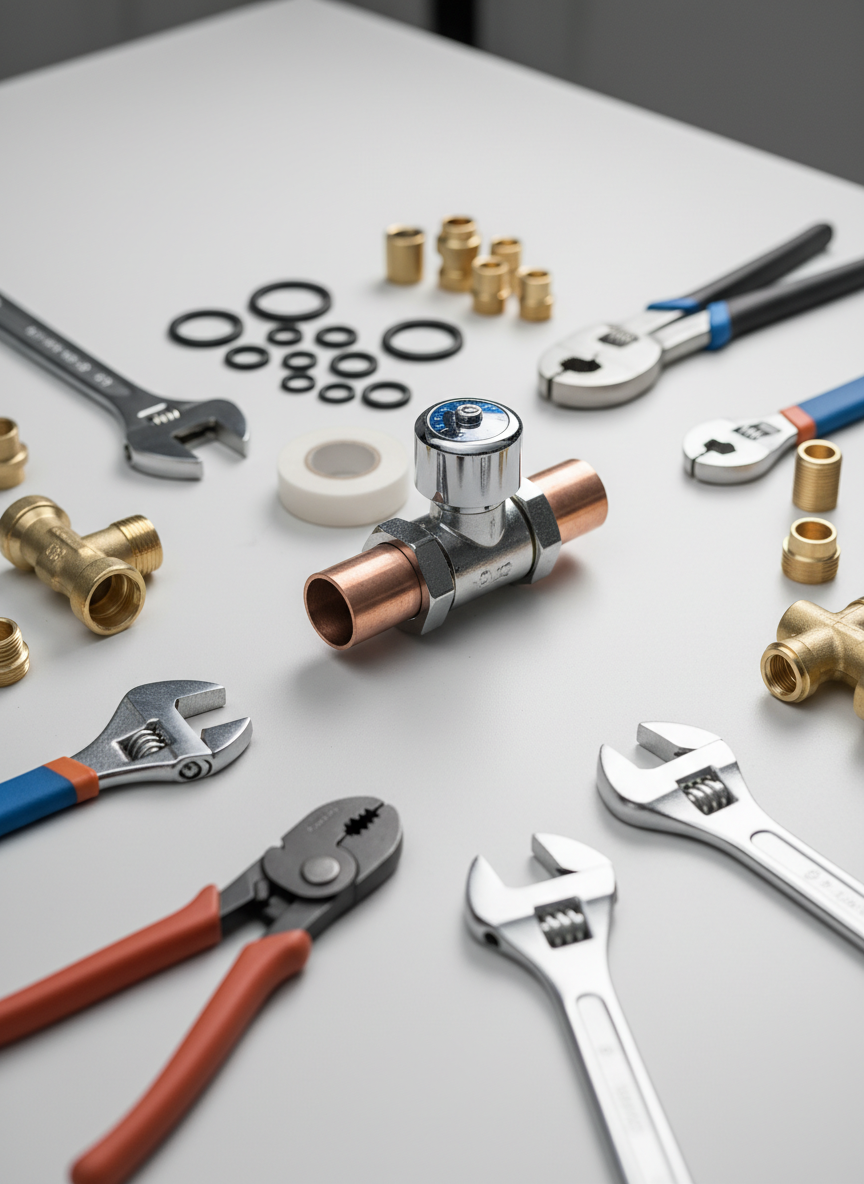 A detailed photographic close-up of a plumber’s professional tool assortment laid out on a clean, light grey workshop surface: adjustable wrenches, pipe cutters, Teflon tape, brass fittings, O-rings, and manifold components arranged with geometric precision around a central section of copper pipe and a modern thermostatic valve. Overhead softbox lighting creates minimal shadows and subtle reflections on metal surfaces, emphasizing textures and cleanliness. The shallow depth of field keeps the central valve and pipe in perfect focus while slightly blurring the outer tools. The mood is methodical, expert, and ready for intervention, symbolizing precise maintenance and repair services without showing any human presence.