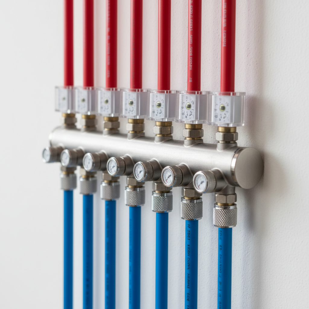 A close-up photographic view of a radiant floor heating manifold, with red and blue PEX pipes emerging in perfect alignment from a brushed steel distribution bar mounted on a white plaster wall. Transparent flow meters, adjustment knobs, and temperature indicators are in crisp focus, showing tiny calibration marks and metallic textures. Neutral studio-style lighting evenly illuminates every detail, creating subtle highlights on chrome fittings and soft shadows under the manifold. The background falls slightly out of focus, keeping attention on the technical precision. The atmosphere is clean, technical, and highly professional, conveying expertise in modern thermohydraulic installations and meticulous attention to detail.
