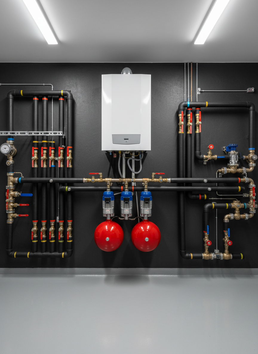 A meticulously organized technical room with a wall-mounted condensing boiler, expansion vessels, circulation pumps, and a complex yet tidy network of insulated pipes and shut-off valves. The boiler’s white casing contrasts with the dark grey wall, while the pipes are wrapped in black and grey insulation sleeves, labeled with colored bands for different circuits. Overhead LED lighting provides bright, even illumination, creating crisp highlights on metal components and distinct shadows that emphasize depth and structure. Photographic realism with a wide-angle lens capturing the entire installation, composed symmetrically to showcase order and professionalism. The atmosphere is reliable, high-tech, and service-oriented, ideal for communicating comprehensive thermohydraulic system management and maintenance.