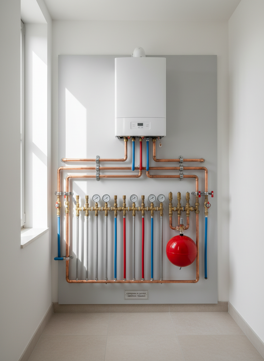 A modern boiler and thermal system installation in a clean residential utility room, with gleaming white walls and neatly arranged copper and multilayer hydraulic pipes fixed on a light grey panel. Valves, pressure gauges, and a compact expansion tank are clearly visible, meticulously organized in parallel lines. Soft, diffused daylight enters from a side window, creating realistic reflections on the metal surfaces and gentle shadows behind the components. The mood is professional, precise, and trustworthy. Photographic realism from an eye-level perspective, with sharp focus throughout and a balanced composition that emphasizes order and technical competence, ideal to represent a serious heating and plumbing company in Cisterna di Latina.